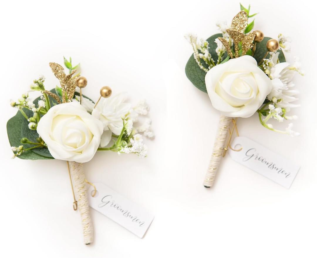 Ling's moment Boutonniere for Men, 2pcs Groom Groomsmen Guest Boutonniere, Artificial Flowers for Wedding/Prom/Homecoming, etc.White Baby Breath Ivory