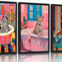 Funky Bathroom Animal Wall Art set of 3, Tiger Leopard Zebra in Bathtub pictures Wall Decor, Pink Kitsch Aesthetic Animal Eclectic Posters Print Artwork for Restroom Bathroom (L16''W24'')