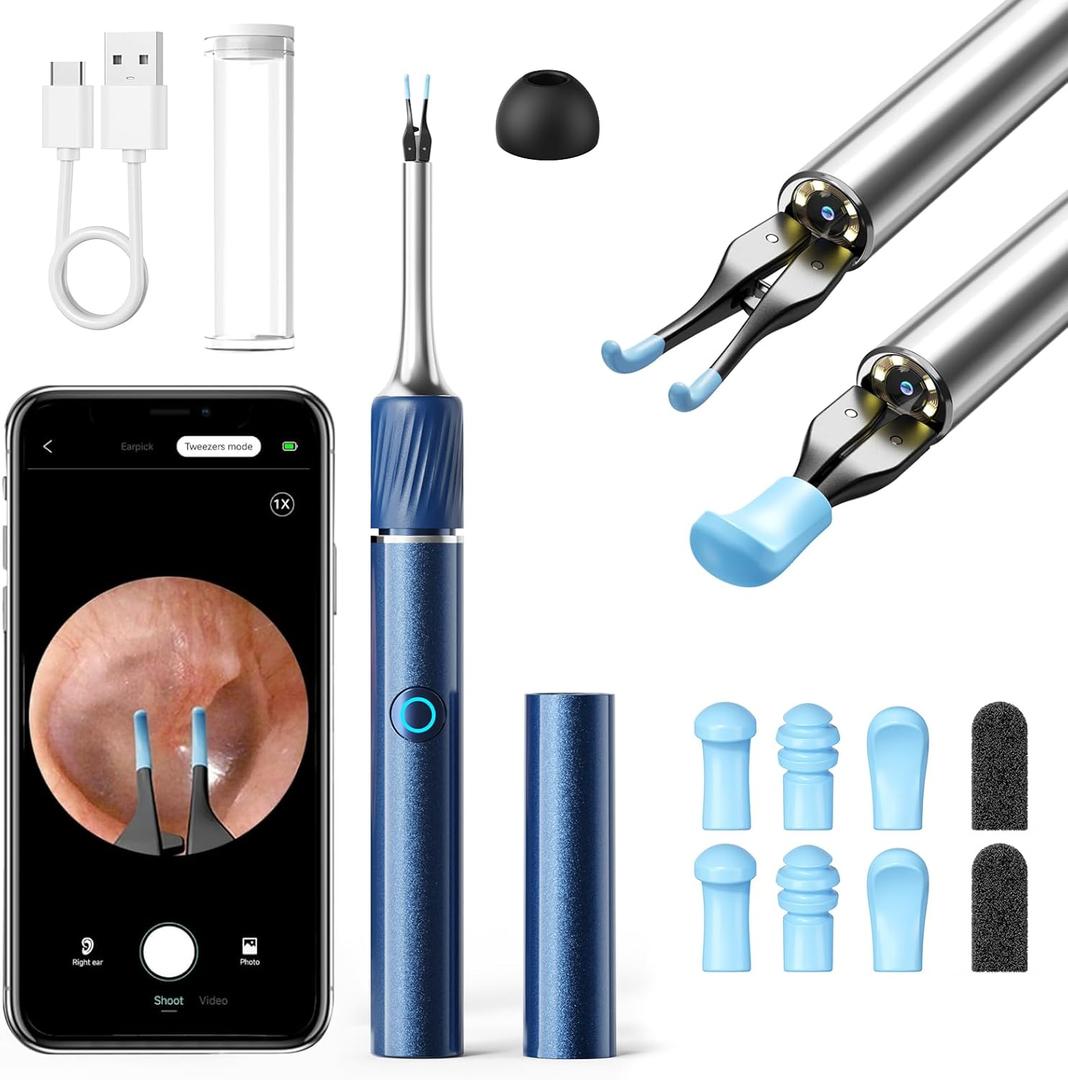 Qimic Ear Camera with Tweezers - Ear Cleaner with Camera, 1080P HD Earwax Removal Tool with Light, IP67 Ear Cleaning Kit with 6 Ear Spoon, Ear Camera Otoscope for iPhone, Android