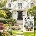 Spring Welcome Daisy Flower Basket Garden Flag 12x18, Rustic Spring Floral Yard Decor, Double Sided Burlap Outdoor Welcome Flag for Porch Lawn Patio DF117