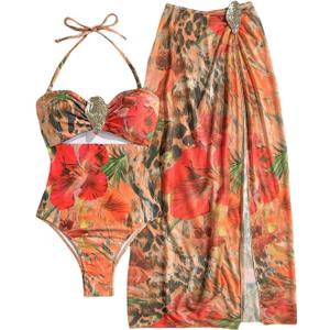 WDIRARA Women's 2 Piece Floral Bikini Sets Cut Out Halter One Piece Swimsuit with Beach Skirt Orange X-Large
