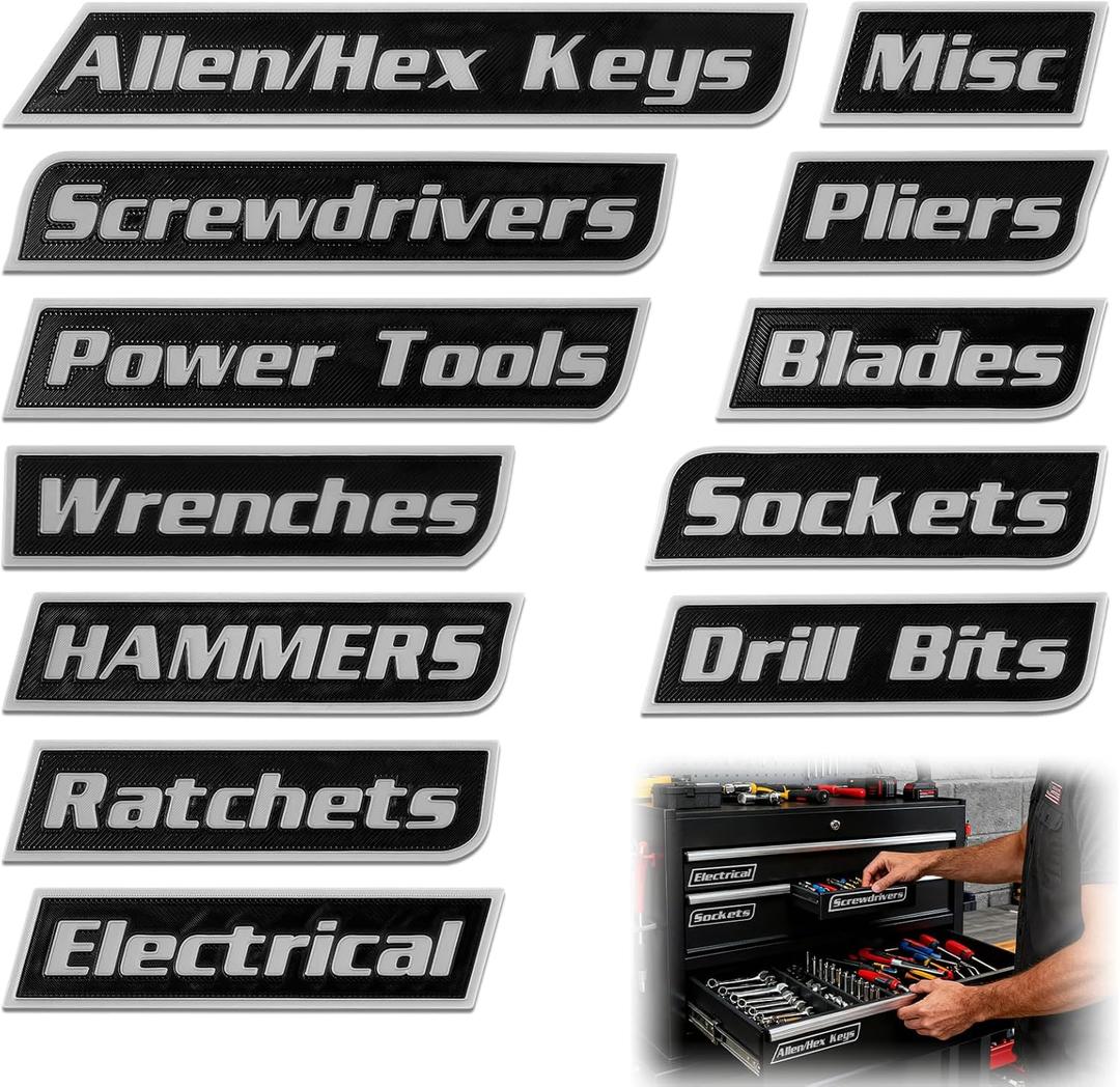 12 PCS Magnetic Tool Box Labels, Toolbox Labels Magnetic, General Tool Box Organize Accessories, Reusable Tags for Steel Toolboxes, Carts, Drawers, Cabinets & Workshop Storage (Black)