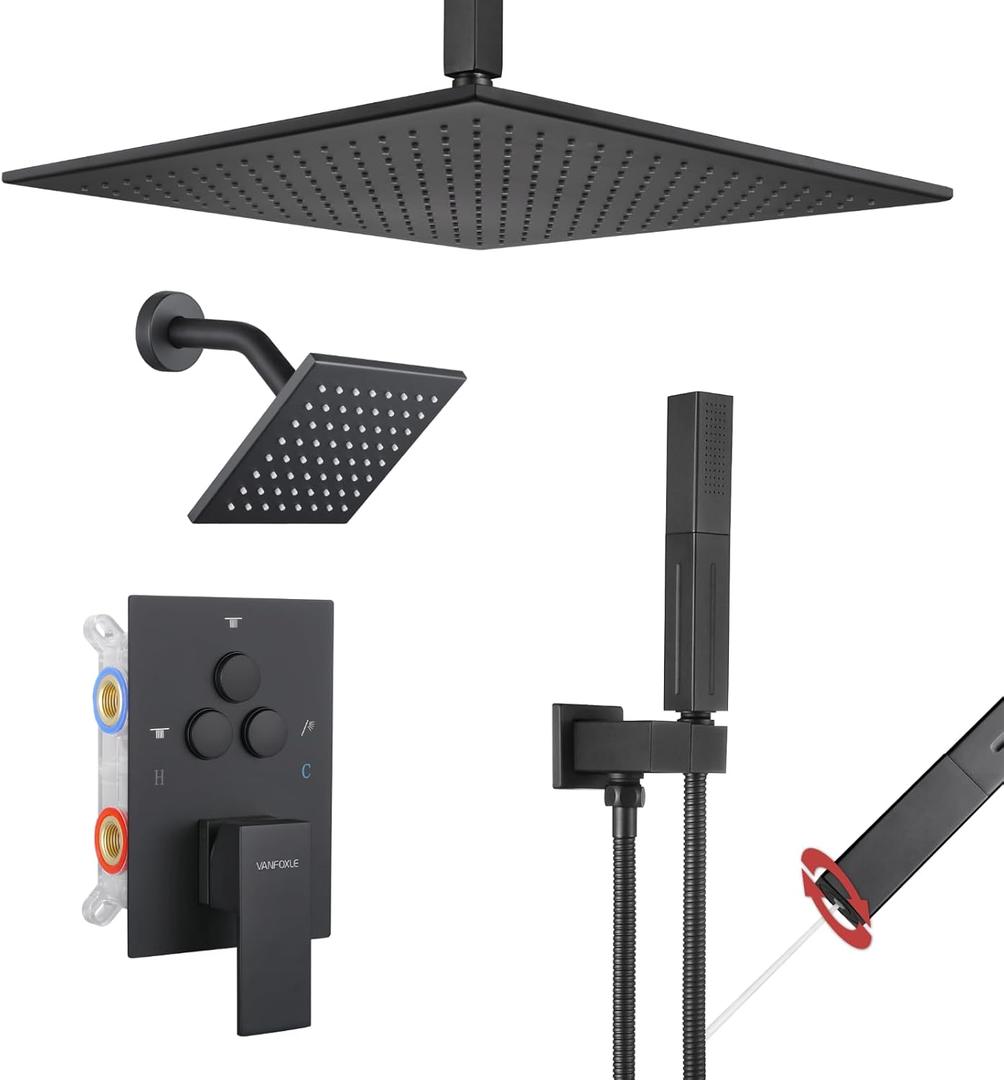 VANFOXLE Shower Faucet Set Matte Black Shower System,Push Button Diverter Shower Faucet with 2 in 1 Handheld,Ceiling Mount Increased Thickness 12 Inch Shower Head with 6 Inch Wall Mount Shower Head