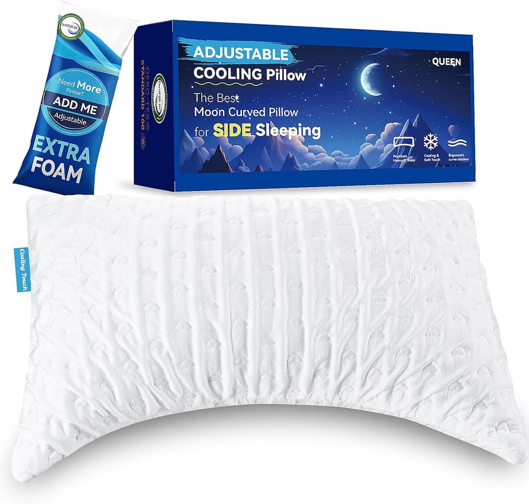 Side Sleeper Pillows for Neck & Shoulder Pain Relief - Ergonomic Curved Design, Adjustable Shredded Memory Foam Loft, Dual-Sided Cooling & Soft Cover, Extra Fill Included, Queen Size