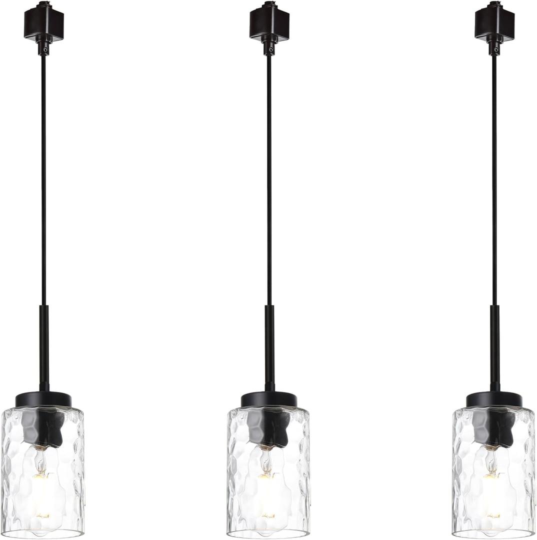 BONLICHT Modern Track Light Pendant 3 Pack Ceiling Spot Lighting Black Ceiling Hanging Light Fixtures with Hammered Glass Shades,Kitchen Island Track Lighting Pendant for Kitchen Pool Table