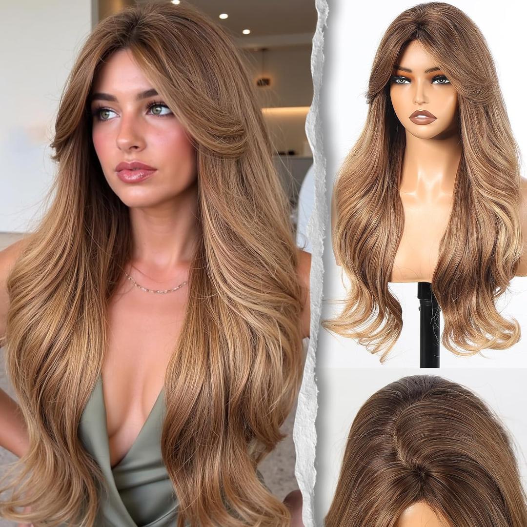 Caramel Toffee Ombr Wig With Bangs Long Wavy PuffPro Voluminous High Crown Wigs for Women,4x4'' Parting Realistic Scalp,Mob Wife Aesthetic/Clean Girl/Office Siren/Old Money Style