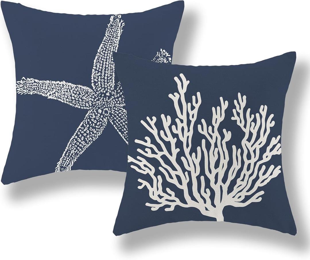 Navy Blue Coral Starfish Pillow Covers 20x20 Inch Set of 2 Coastal Throw Pillows Spring Summer Nautical Beach Ocean Decorations Linen Pillowcase Outdoor Decor Farmhouse Cushion Case for Home