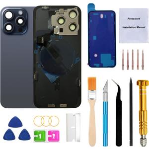 Rear Back Glass Replacement for iPhone 15 Pro Max 6.7-inches with Reparing Tool Kit and All Necessary Parts (Blue Titanium)