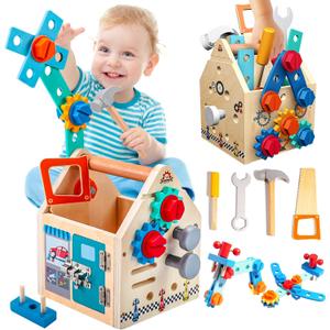 Montessori Toddler Tool Set - 33 PCS Wooden Kids Tools with Box / Bench, Montessori Educational Pretend Play Preschool Toys Gifts for 2 3 4 5 Year Old Boy Girl Kids, STEM Fine Motor Skills Tool Set (House)