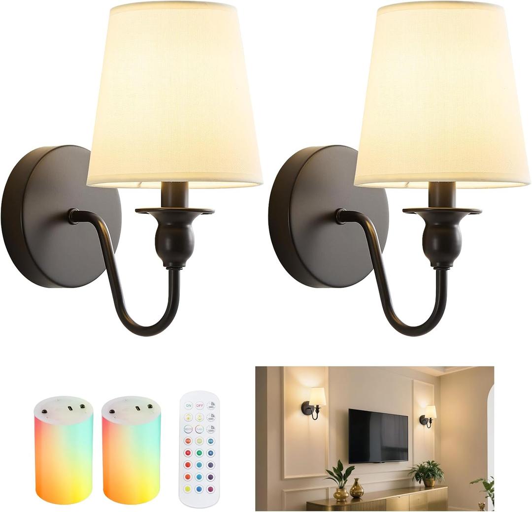 Battery Operated Wall Sconce Set of 2,Wireless Wall Sconces with 10000 mAh,RGB Rechargeable Sconces with Remote,Cordless Wall Lights for Bedroom,Living Room,Bathroom,Renter Friendly Home Decor (Black)