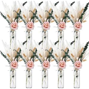 Qinyoung 10 Set Dried Pampas Grass Centerpiece for Wedding Baby Shower Party 10 Glass Flower Jars 10 Artificial Roses 80 Dried Pampas Grass with Rope for Rustic Bridal Farmhouse Decoration(Pink)