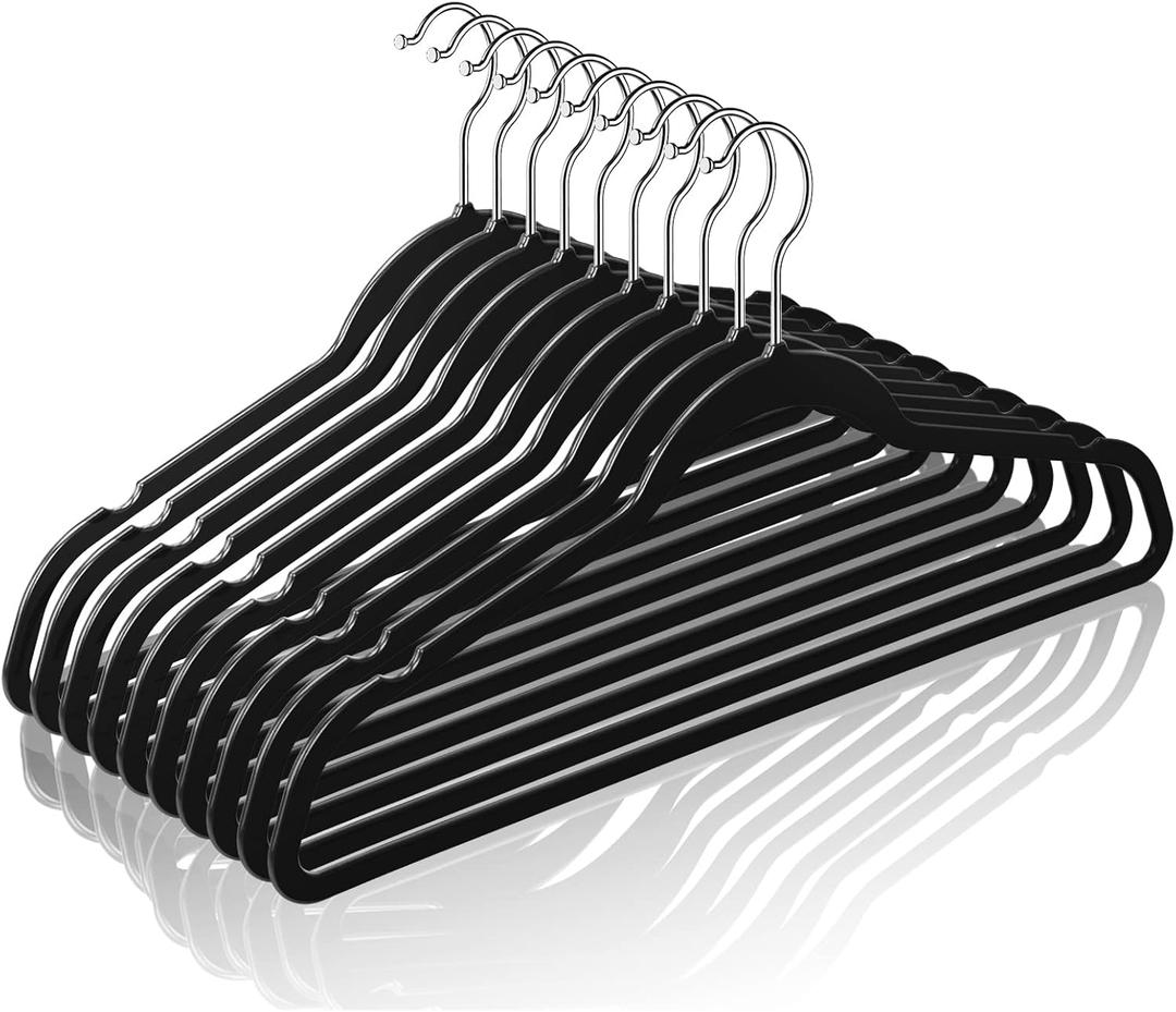 TIMMY 50 Plastic Hangers 17.7 Inch - Velvet Non-Slip, Space Saving Closet Organizers, Heavy Duty Slim Hangers for Pants, Shirts, Coats (Black, Ultra Thin & Durable)