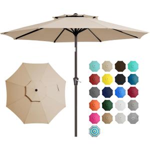 JEAREY 9 ft 2-Tiers Patio Umbrellas Outdoor Table Market Umbrella w/Push Button Tilt/Crank, 8 Sturdy Ribs, UV Protection Waterproof Sunproof(Beige)