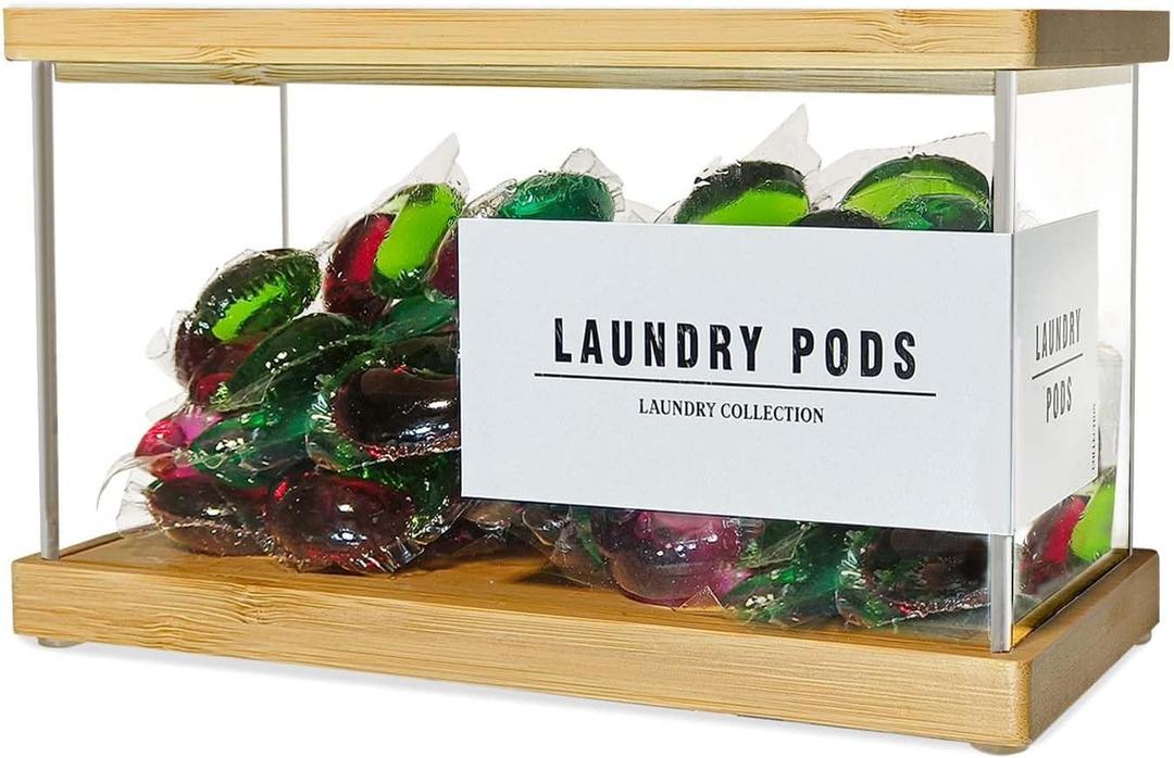 Laundry Pods Container, Acrylic Dishwasher Pod Container with Bamboo Lid and Extra Labels, Candy Dispenser Coffee Pod Holder for Home, Kitchen