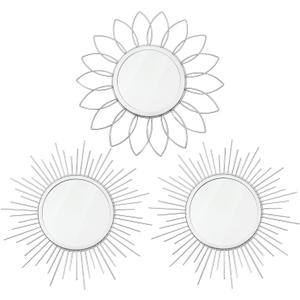 3 Pack Metal Mirrors for Wall Sunburst Wall Mirrors Home Dcor Decorative Hanging Wall Art for Living Room Bedroom Entryway (Silver, Flower+Sunburst)