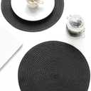 Floroom 15 Inch Round Braided Placemats Set of 4, Washable Heat Resistant Cotton Polyester Circle Place Mats for Kitchen Dining Table - Black