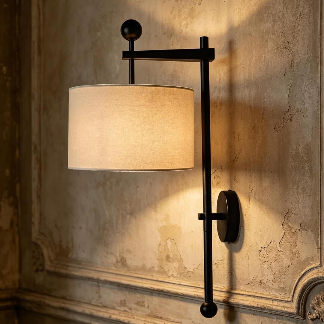 27.5" Modern Forged Iron Wall Sconce with Beige Linen Shade, Elegant Industrial Wall Light for Bedroom Living Room Hallway