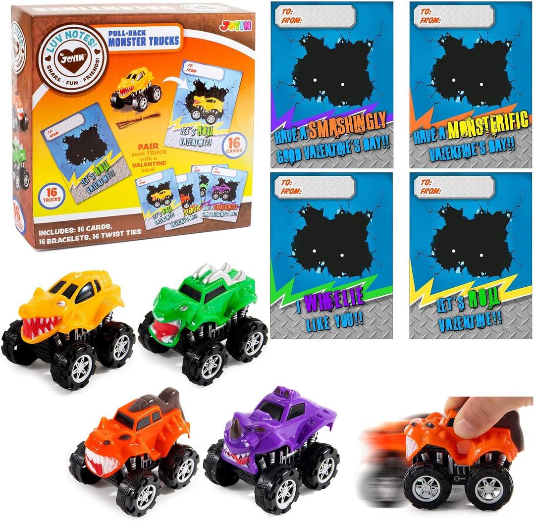 JOYIN Valentine's Day 16 Pack Pull Back Monster Truck Toys with Gift Cards for Kids, Mini Monster Trucks Classroom Exchange Prizes Valentine Party Favor Toys