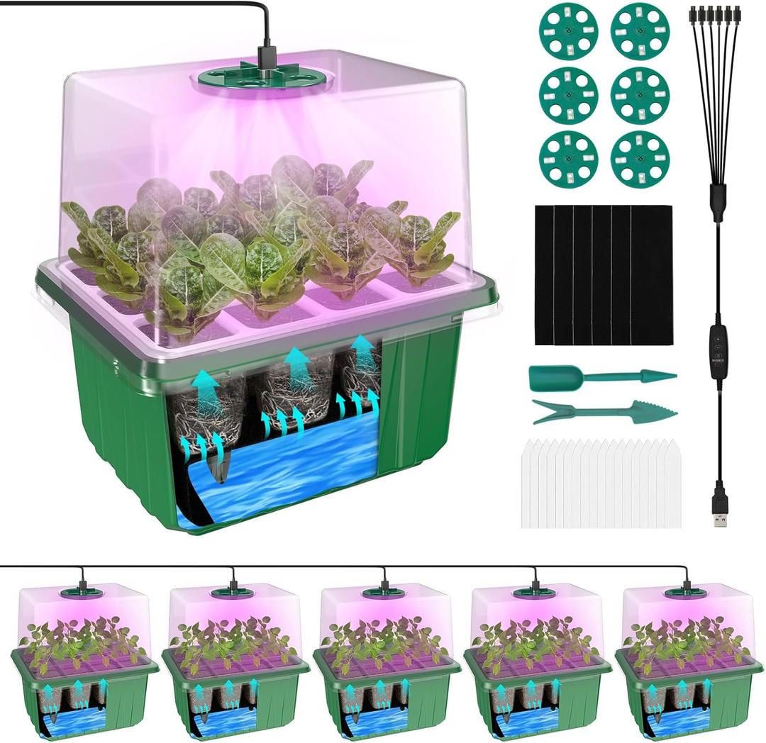 Self Watering Seed Starter kit with Grow Light, 6 Pack /72 Cells Seed Starter Trays with Timer, Plant Germination Trays with Dome, Heightened Lids for Greenhouse Seeding Planting Growing