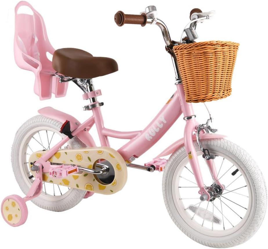 RULLY Fruit Kids Bike 12 Inch Bicycle for Girls Ages 2-7 Years, Training Wheels Included, Girl Bikes with Basket & Doll Seat (Pink)