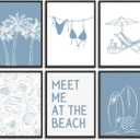 6pcs Blue Coastal Granddaughter Canvas Wall Art Trendy Bikini Shells Poster Prints Paintings Summer Beach Surfing Wall Decor Pictures for Living Room Bedroom Bathroom Dorm Home Decoration Unframed