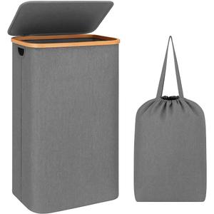 LONBET Laundry Basket with Lid, Made from Breathable Fabric | Aesthetic Clothes Hampers for Laundry with Side Handles & Sturdy Bamboo Frame (26 Gallons - Single, Gray) 