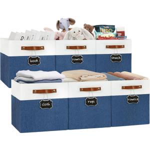 13x13 Storage Cubes 6-Pack, Large Foldable Fabric Cube Storage Bin with Reinforced Bottom and Labels, Organizer Baskets for Shelves, Closets(White/Blue)