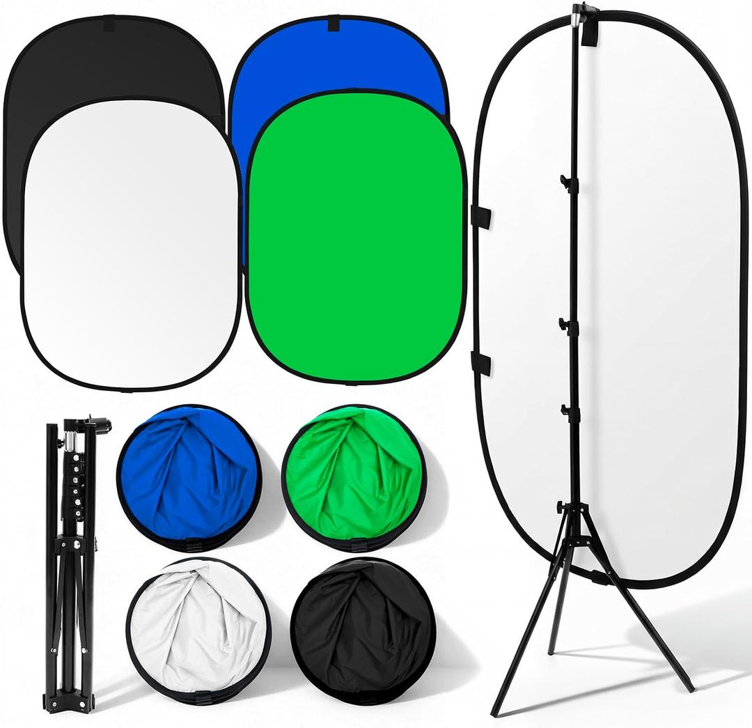 Tingjoo 2 Pack Foldable Photo Backdrop with Stand, 3.3 x 5 ft Double Sided Green Blue Black White 2 in 1 Screen, Portable Photo Backdrop and Stand Kit for Headshot, Video Recording, Live Streaming