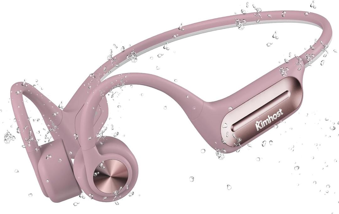 KIM HOST Bone Conduction Headphones, Open Ear Headphones with MP3 Mode 32GB, 10Hrs Playtime IP68 Waterproof Swimming Headphones Secure Fit for Running, Cycling, Work, Gift (Pink）