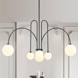 Black Sputnik Chandelier,6 Lights Modern Chandelier for Dining Room Mid Century Chandelier Large L49 Ceiling Pendant Light Fixtures with Milk Glass Globe Shades for High Ceiling Foyer Living Room