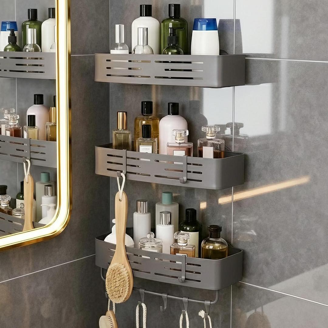 3-Tier No-Drill Storage Caddy with Hooks&Towel Bar,Organizing Solution for Bathroom,Shower&Kitchen,Holds Shampoos,Soaps,Sponges&Cleaners,Rectangle