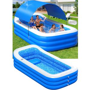 2026 Inflatable Pool with Canopy,Upgraded Blow Up Pool for Adults&Kids,Large Inflatable Pool with Seat and Big Backrest,Kiddie Pool with Shade,Kid Swimming Pool for Backyard 110"x63"x20"Blue
