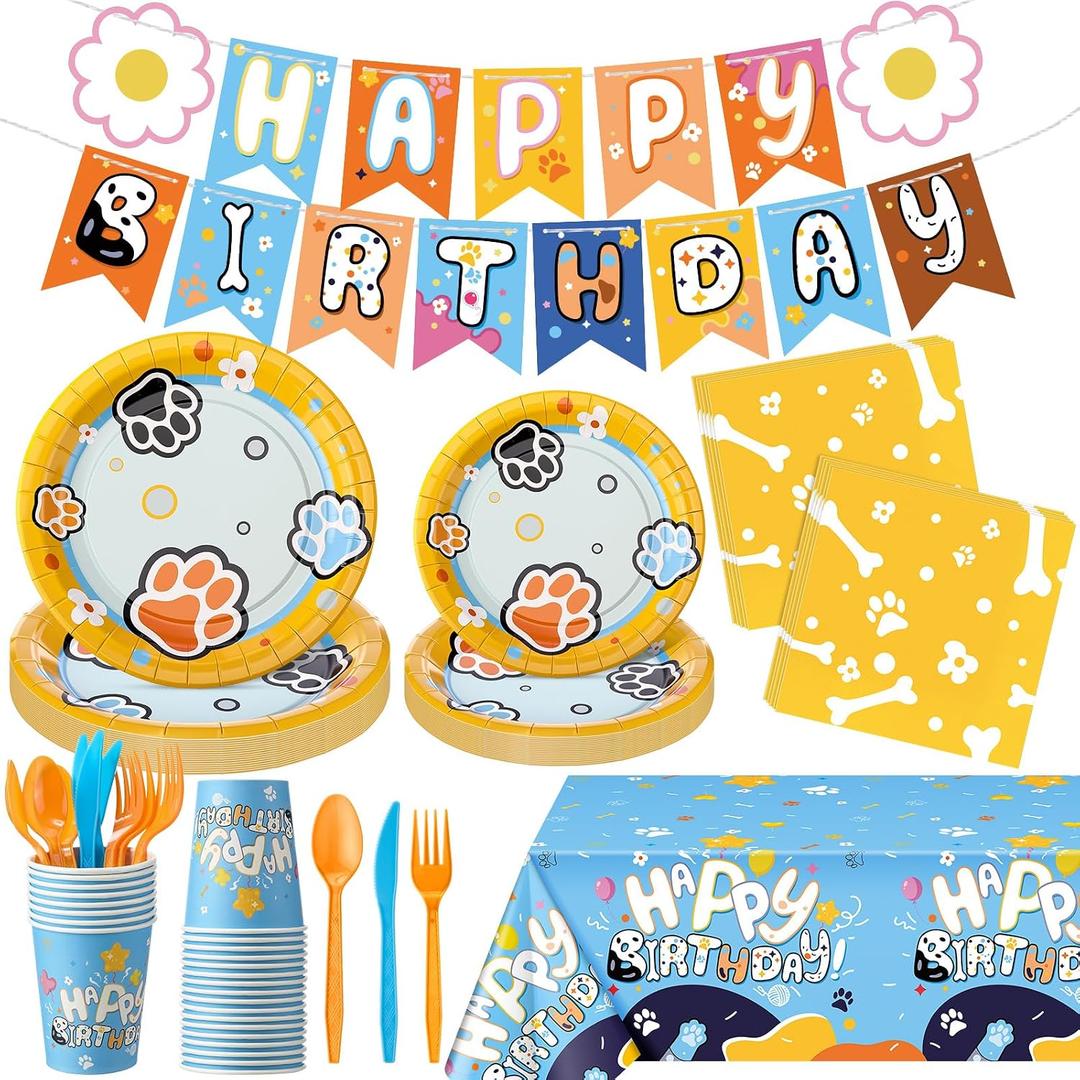 Oudain 191 Pcs Blue Dog Birthday Party Decorations Puppy Cartoon Party Supplies Set with Tablecloth Banner Plates Cups Napkins Cutlery Dog Themed Birthday Favors for 25 Guest