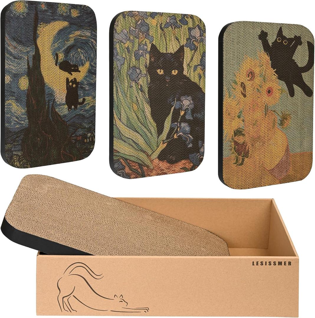 Art Cat Scratcher, 3 Packs Wall-Mountable Art Cat Scratching Board with Box, Cat Wall Scratcher, Cat Scratch Pad, Cardboard Cat Scratchers for Indoor Cats Toy Furniture Protector (Van Gogh-1)