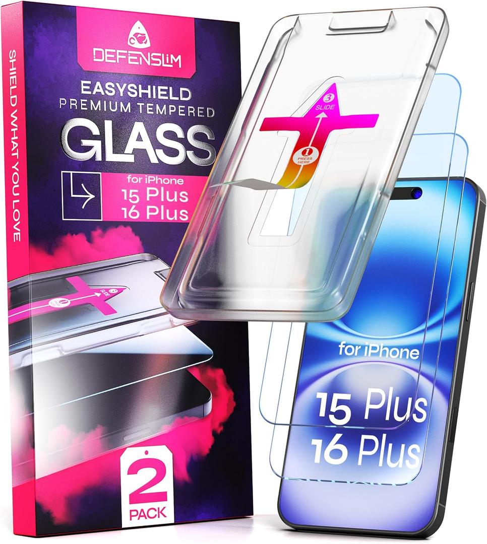Screen Protector compatible with iPhone 15 Plus / 16 Plus (2Pack), Easy Auto-Align Install Kit, 6.7" Tempered Glass, 9H Hardness, Ultra HD Clear, Case Friendly, EasyShield