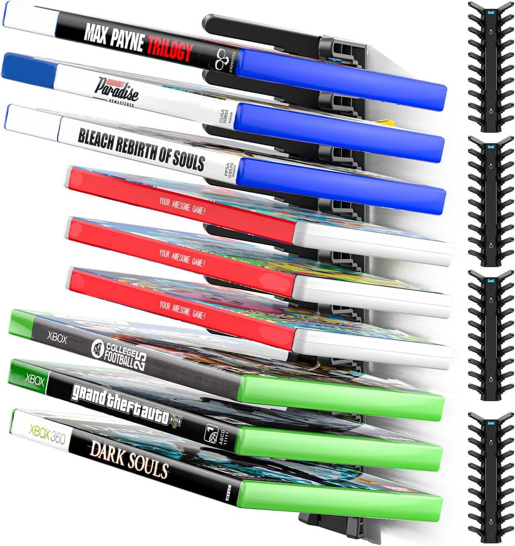 Video Game Storage Wall Mount for Switch/PS5/PS4/Switch2/XBX Game Case Holder, Gaming Shelf Mount Gamecase Organizer Up to 36PCS, Wall-Mounted Gaming Display Stand Tower for Gift, 4 Pack, Black