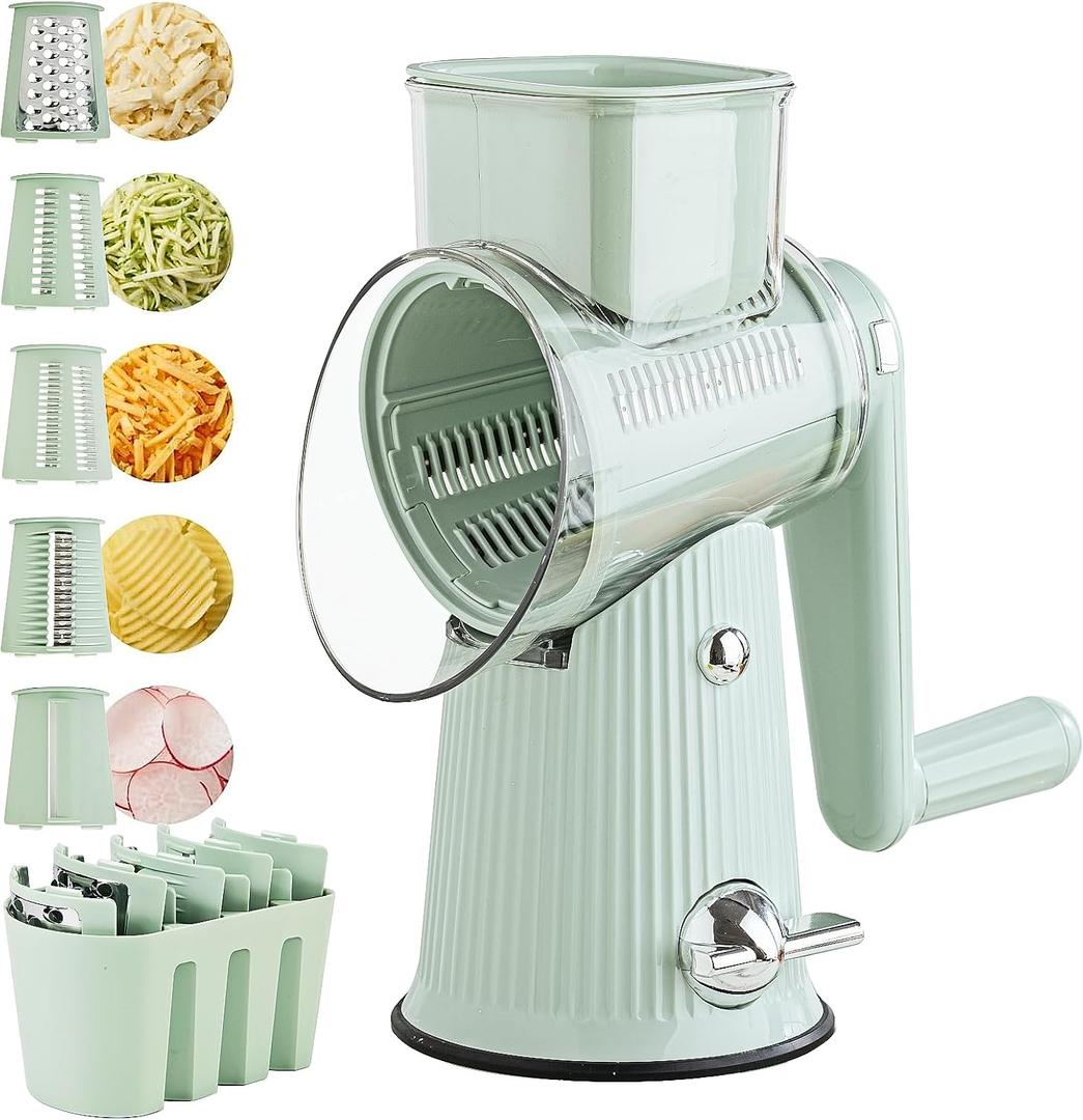 Rotary Cheese Grater with Handle: 5 in 1 Cheese Grater Hand Crank Cheese Shredder with Strong Suction Base Kitchen Vegetable Slicer with 5 Interchangeable Blades, Storage Box, Green