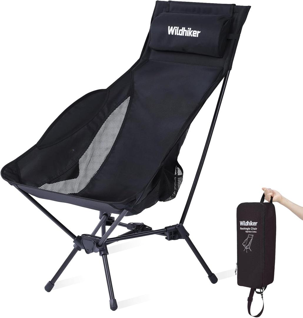 Wildhiker Portable Compact Folding Camping Chairs  Lightweight High Back with Pillow, Deep Recline, ArmPads, Side Pockets-for Motorcycle, RV, Backpacking, Travel, Festival  Black