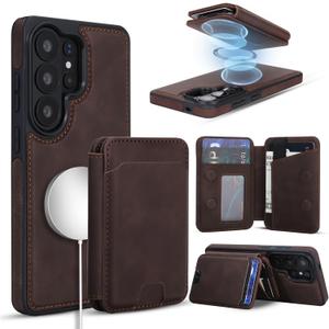 Magnetic Detachable Wallet Case for Samsung Galaxy S26 Ultra with Kickstand,2-in-1 MagSafe Compatible RFID Blocking Card Holder,Slim PU Leather Cover Vintage Brown