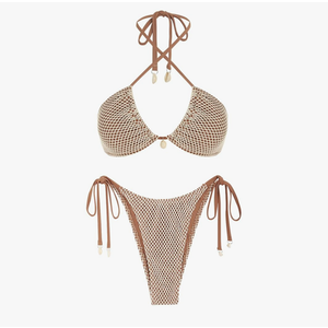 ZAFUL Women's Bikini Set Fishnet Triangle Tie Convertible Collar Halter Bandeau Shell Two Piece Bathing Suit L
