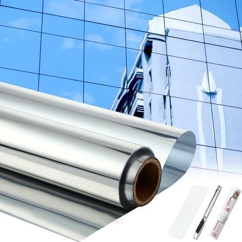 Pushglossy 48 Inch X 26 Ft One Way Window Tint Privacy Reflective Daytime Mirror Film Sun Blocking Thermal Insulated Film Heat Control Static Cling Anti UV for Home Office (Silver)