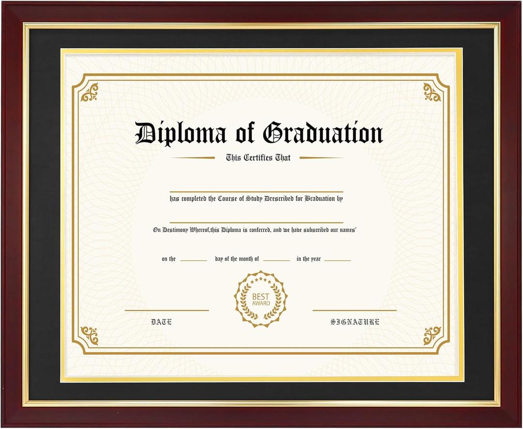 14x17 Diploma Frame with Black over Gold Mat, 16x20 Certificate Frame, Real Wood with Gold Trim, Mahogany with Tempered Glass
