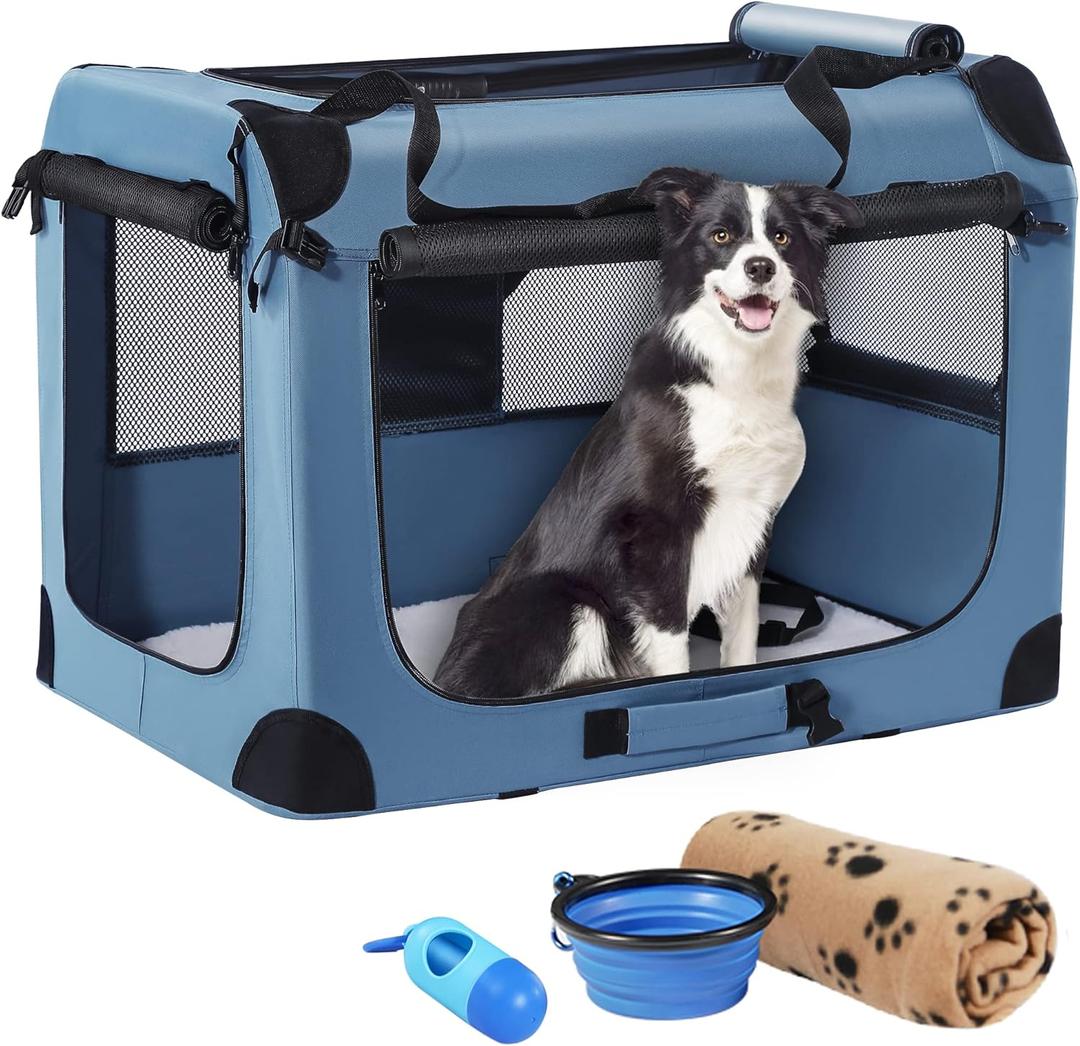 Petprsco Portable Dog Crate - 32"x23"x23" Collapsible Dog Travel Crate for Medium/Large Dogs with Soft Blanket, Foldable Bowl & Poop Bag Dispenser - Indoor & Outdoor Use (32x23x23 Inch, Blue)