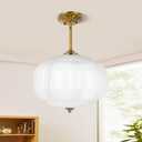 15in White Milk Glass Ceiling Light Fixture, LED Bulb Included, Vintage Semi Flush Mount Pendant Light Antique Brass Mid Century Art Deco Chandelier for Kitchen Dining Room Hallway Bedroom