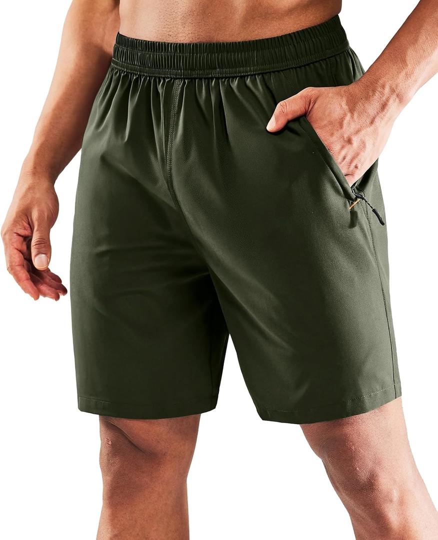 MIER Mens 5 Inch Running Athletic Shorts with Zipper Pockets Dry Fit Lightweight Workout Sports Shorts, Olive Green, XXL