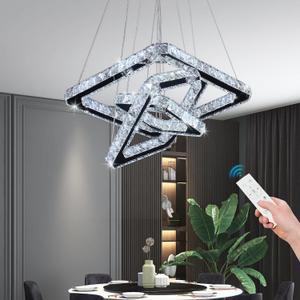 Modern Crystal Chandeliers LED Square 3-Rings Chandelier Pendant Lights Height Shape Adjustable Ceiling Lamp for Bedroom Living Room(Dimmable)