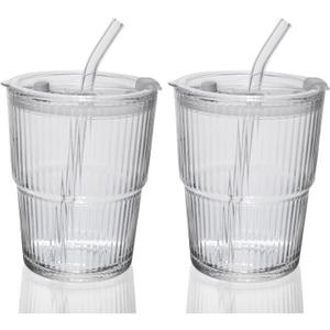 13OZ/400ML Ice Coffee Glass Tumbler, Thick Wall Water Glass Cup Mug Tea with Straw and Lid Sealed Carry On Clear 2Pack