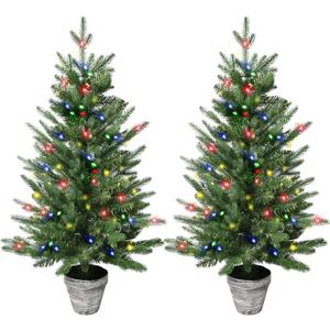 3FT Pre-Lit Christmas Tree, 2-Packs PE Branchs Xmas Tree with Color LED Lights, 8 Modes with 60 Led Lights Artificial Christmas Trees for Holiday Decoration Green