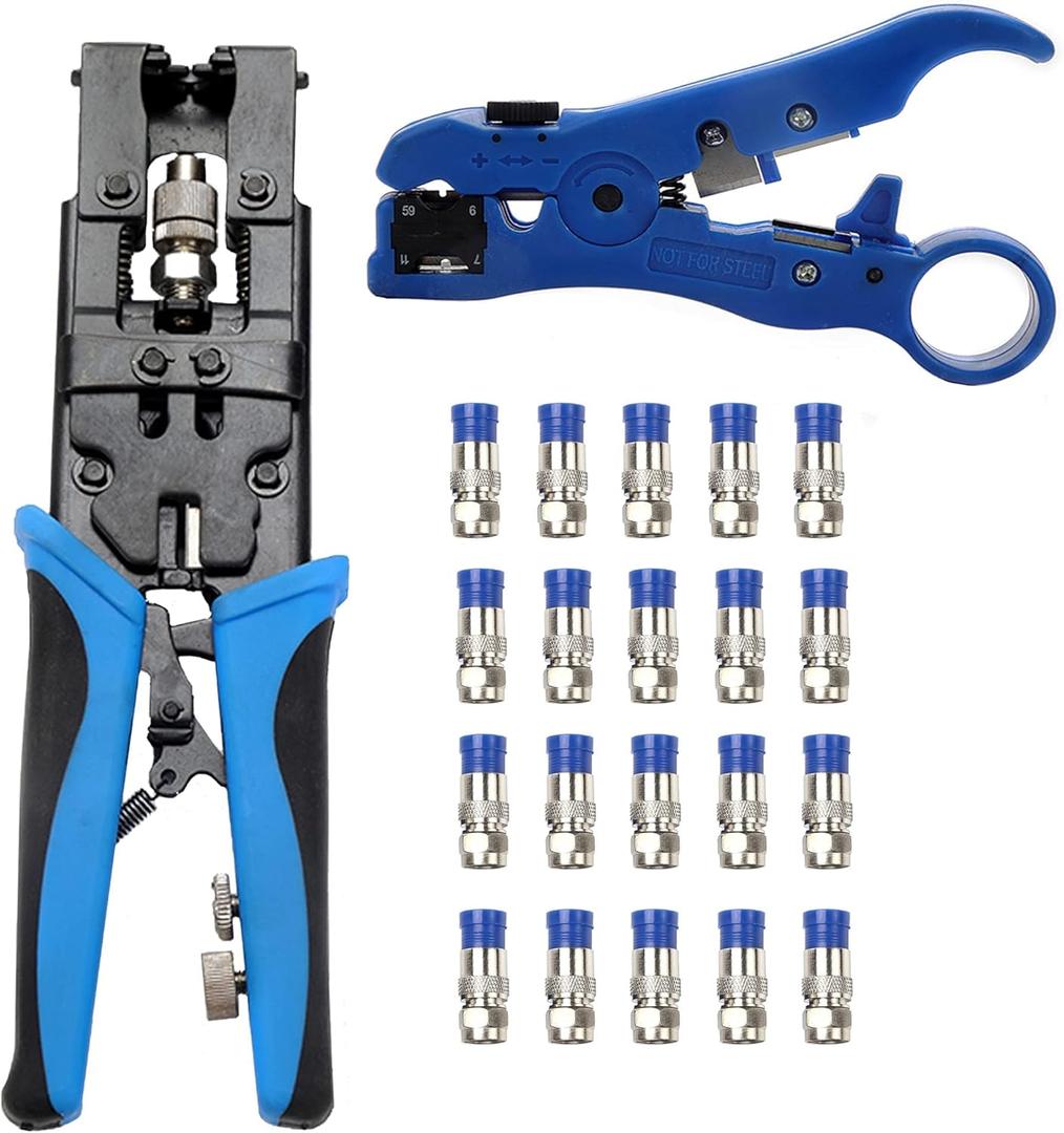 Coax Cable Crimping Kit Adjustable Tool Set Coaxial Cable Crimping Tool for RG59 RG6 F BNC RCA with 20 PCS F Compression Connectors