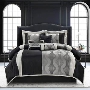 Stratford Park Black and Silver Comforter Set King Size, Elegant 7 Pieces Striped All Season Bedding Set